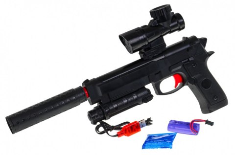 Pistolet z akcesoriami dla dzieci 6+ Imitacja M92 + Tłumik + Celownik + Kulki z hydrożelem