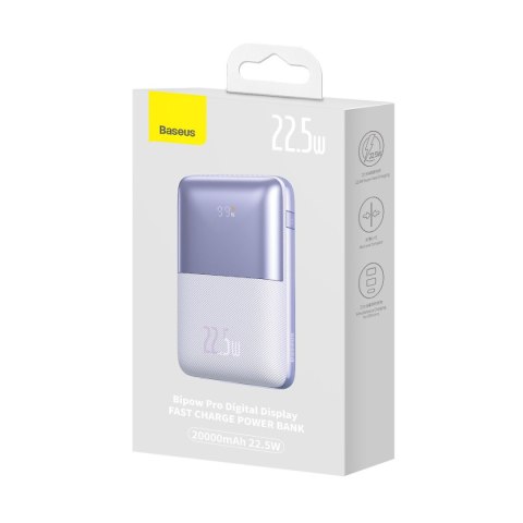 Powerbank Bipow Pro 20000mAh 22.5W z kablem USB USB-C 0.3m fioletowy BASEUS