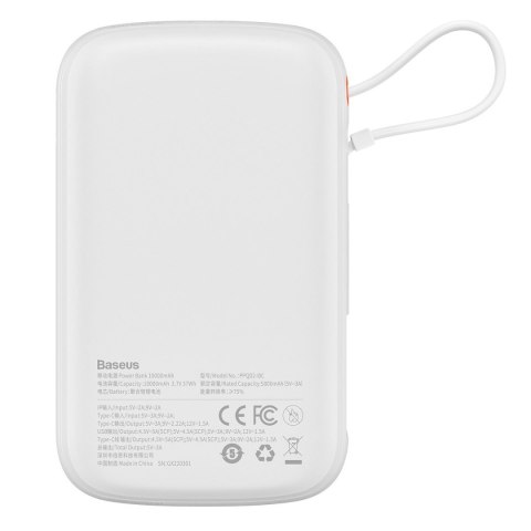 Qpow powerbank 10000mAh wbudowany kabel USB Typu C 22.5W Quick Charge biały BASEUS