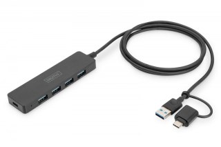 Hub USB 3.0/Koncentrator 4-portowy SlimLine USB A + adapter USB-C 1,2m 5Gbps, złącze zasilania USB-C Digitus