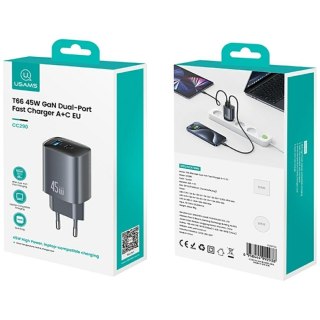 Ładowarka sieciowa T66 45W CC290 GaN Fast charge 1xUSB-A 1xUSB-C srebrny USAMS