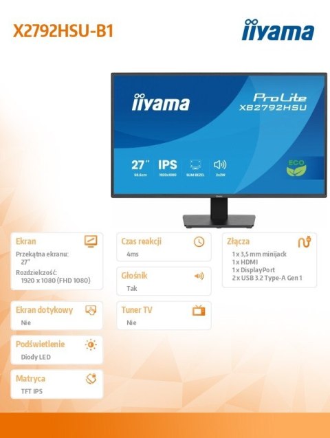 Monitor 27 cali X2792HSU-B1 IPS,FHD,HDMI,DP,120Hz,350cd,4ms, cienkie ramki, 1500:1, ErP B, USB HUBx2 IIYAMA