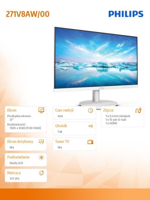 Monitor 271V8AW 27 cali IPS HDMI Głośniki Biały Philips