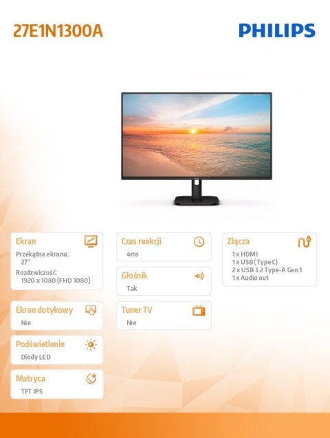 Monitor 27E1N1300A 27 cali IPS 100Hz HDMI USB-C Głośniki Philips