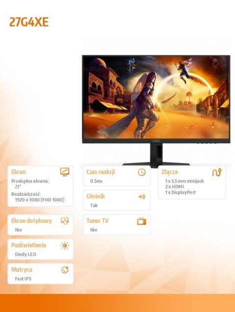 Monitor 27G4XE 27 cali IPS 180Hz HDMIx2 DP Głośniki AOC