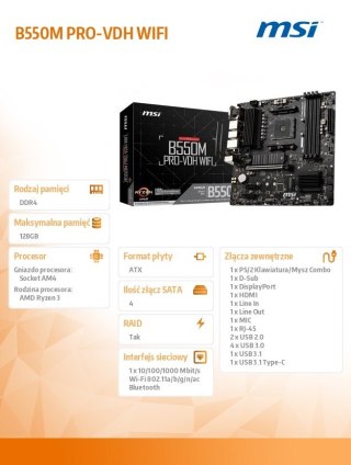 Płyta główna B550M PRO-VDH WIFI AM4 4DDR4 HDMI/DP/VGA M.2 mATX MSI