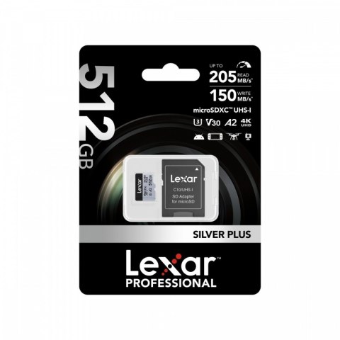 Karta pamięci microSD 512GB C10 A2 U3 V30 205/150MB/s Silver Plus Lexar