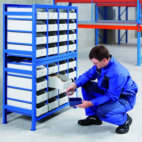 Regał warsztatowy na części i narzędzia szufladowy z pojemnikami ZESTAW 21 elem. MEVA