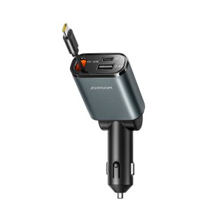 Ładowarka samochodowa 3w1 z kablem zwijanym USB-A USB-C - ciemnoszara JOYROOM