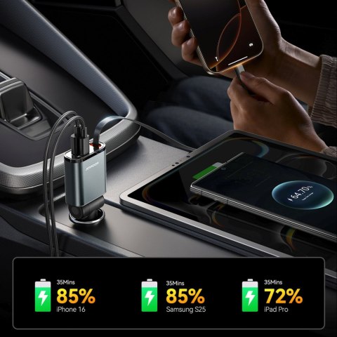 Ładowarka samochodowa 3w1 z kablem zwijanym USB-A USB-C - ciemnoszara JOYROOM