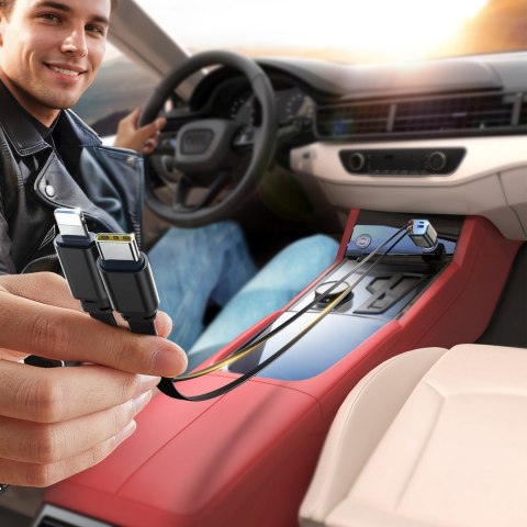 Ładowarka samochodowa 4w1 z kablami zwijanymi USB-A USB-C 30W- ciemnoszara JOYROOM