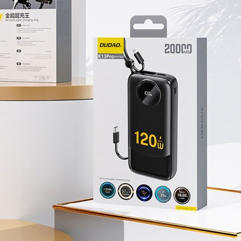 Powerbank K13 10000mAh z wbudowanym kablem - czarny DUDAO