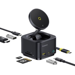 7w1 HUB z ładowarką bezprzewodową HDMI USB-A USB-C SD TF MagSafe 15W - czarny BASEUS