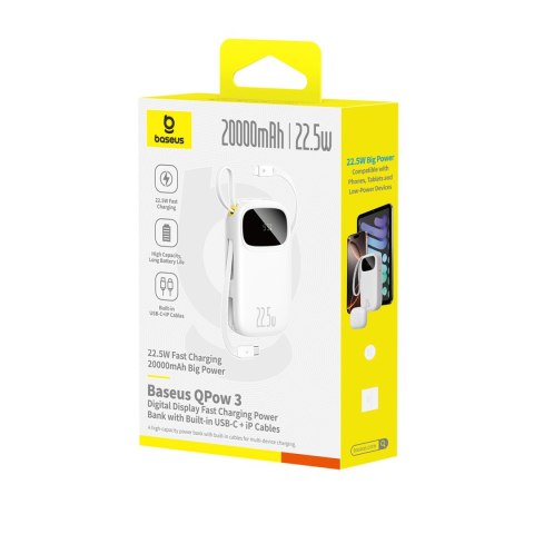 Powerbank 20000mAh 22.5W z wyświetlaczem kablami USB-C iPhone Lightning - biały BASEUS