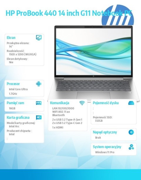 Notebook ProBook 440 G11 U7-155U 512GB/16GB/W11P/14 cali A38DKET HP Inc.