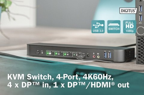 Przełącznik KVM, 4 portowy, 4K 60Hz, 4x DP IN, 1x DP OUT, 1x HDMI OUT, 2x USB A, 1x Audio IN&OUT Digitus