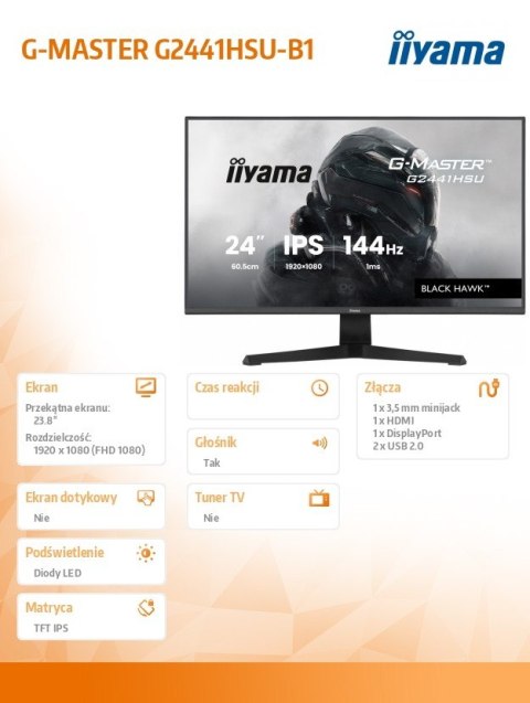 Monitor 23,8 cala G2441HSU-B1 IPS,FHD,144Hz,1ms,2xUSB,350cd,HDMI,DP IIYAMA