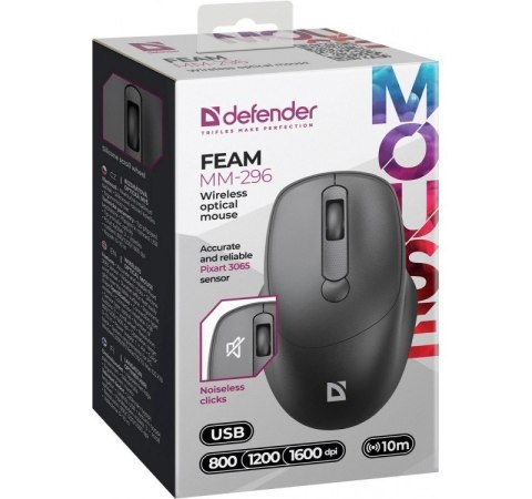 Mysz bezprzewodowa silent click FEAM MM-296 RF 1600 DPI Czarna Defender