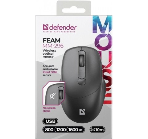 Mysz bezprzewodowa silent click FEAM MM-296 RF 1600 DPI Czarna Defender