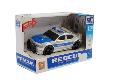 Auto Policji na Baterie 1:20 Światła i Dźwięki z Naciągiem Srebrne LEAN Toys