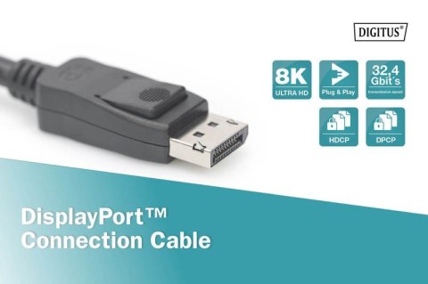 Kabel połączeniowy DisplayPort z zatrzaskami 8K 30Hz UHD Typ DP/DP M/M czarny 2m Digitus