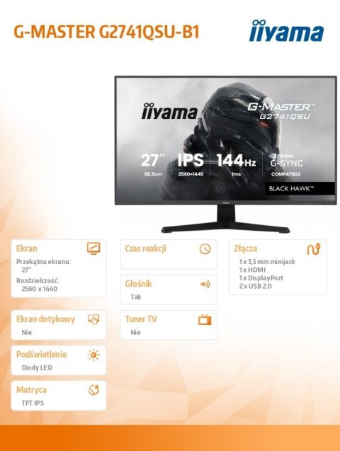 Monitor 27 cali G2741QSU-B1 IPS,QHD,144Hz,1ms,2xUSB Adaptive G-SYNC,HDMI,DP,350cd, IIYAMA