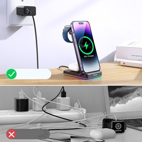 3w1 ładowarka indukcyjna do iPhone Apple Watch Airpods + podstawka stojak - czarna JOYROOM