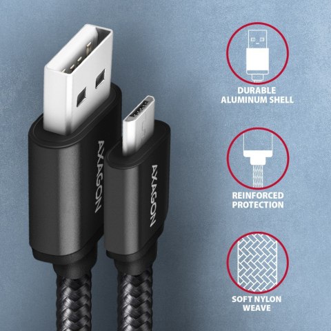 BUMM-AM15AB Kabel MicroUSB - USB-A, 1.5m, USB 2.0, 2.4A, ALU, oplot, Czarny AXAGON