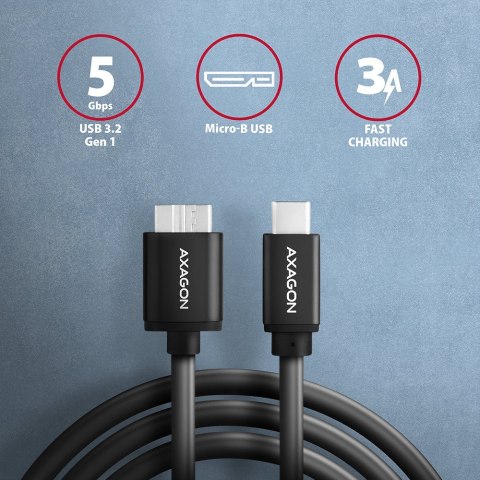 BUMM3-CM10AB Kabel Micro-B USB, USB-C 3.2 Gen 1, 1m, 3A, ALU, PVC Czarny AXAGON