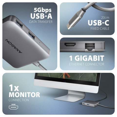 HMC-5HL Wieloportowy hub USB 5in1, 5Gbps, 2x USB-A, HDMI 4K/60Hz, GLAN, PD 100W, 15cm USB-C kabel AXAGON