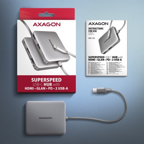 HMC-5HL Wieloportowy hub USB 5in1, 5Gbps, 2x USB-A, HDMI 4K/60Hz, GLAN, PD 100W, 15cm USB-C kabel AXAGON