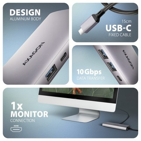 HMC-6G2L Wieloportovy hub USB 6in1, 10Gbps, 2xUSB-A, 1xUSB-C, HDMI 4K/60Hz, PD 100W, GLAN, 15cm USB-C kabel AXAGON