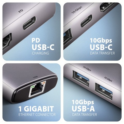 HMC-6G2L Wieloportovy hub USB 6in1, 10Gbps, 2xUSB-A, 1xUSB-C, HDMI 4K/60Hz, PD 100W, GLAN, 15cm USB-C kabel AXAGON