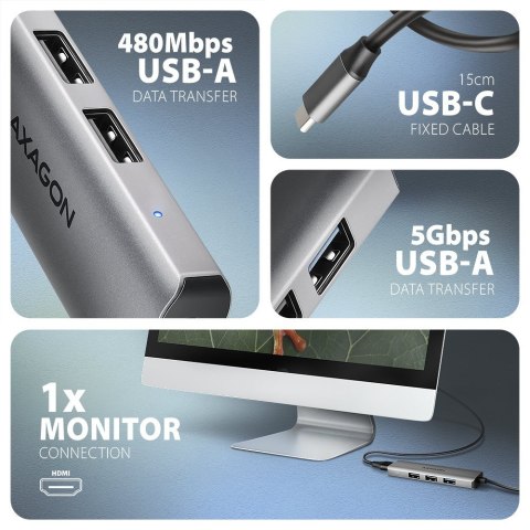 HMC-H3A Wieloportowy hub USB 4in1, 5Gbps, 3x USB-A (2x USB2.0, 1x USB3.0) + HDMI 4K/30Hz, metal, 15cm USB-C kabel AXAGON