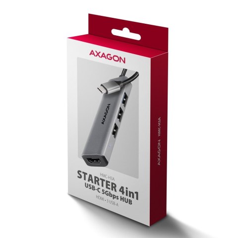 HMC-H3A Wieloportowy hub USB 4in1, 5Gbps, 3x USB-A (2x USB2.0, 1x USB3.0) + HDMI 4K/30Hz, metal, 15cm USB-C kabel AXAGON