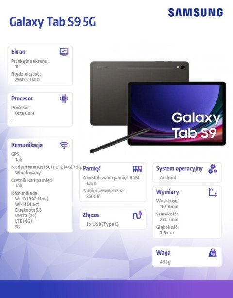 Tablet Galaxy Tab S9 X716 5G 11 cali 12/256 GB szary Samsung