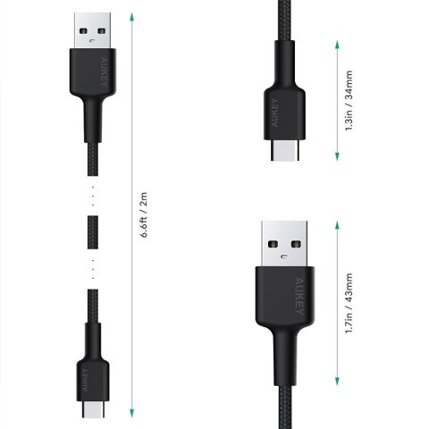 CB-CA2 OEM kabel USB-C - USB-A 2m 60W PD 3A 20V FCP AFC nylonowy oplot czarny AUKEY