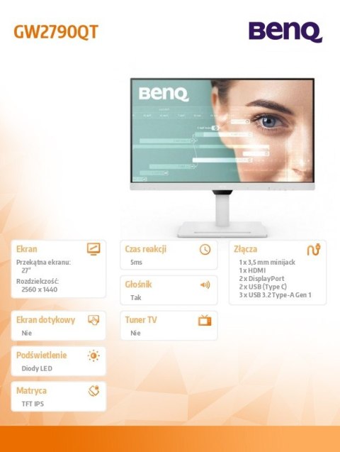 Monitor 27 cali GW2790QT 2K 5ms/IPS/HDMI/100Hz Benq
