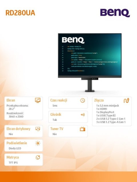 Monitor 28 cali RD280UA 4K IPS 5ms/IPS/1200:1/HDMI/DP Benq