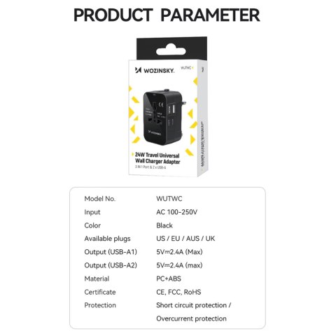 Adapter podróżny ładowarka uniwersalna 24W UE / US / AUS / UK / 2x USB-A - czarny WOZINSKY