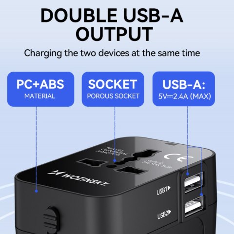 Adapter podróżny ładowarka uniwersalna 24W UE / US / AUS / UK / 2x USB-A - czarny WOZINSKY