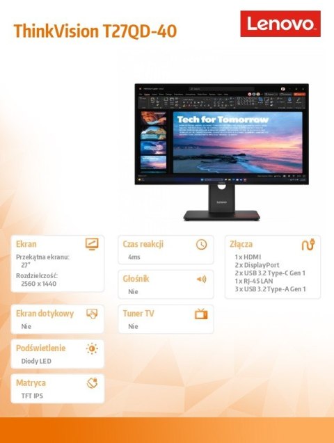 Monitor 27 cali ThinkVision T27QD-40 WLED LCD 64AAGAT2EU Lenovo