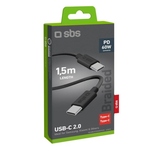 Kabel przewód w oplocie USB-C 60W 1.5m - czarny SBS