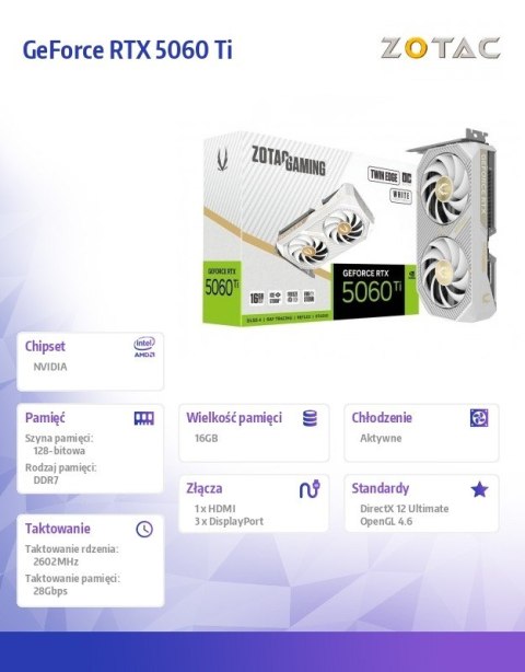 Karta graficzna GeForce RTX 5060 Ti 16GB TWIN EDGE OC GDDR7 128bit biała ZOTAC