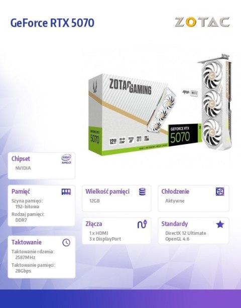Karta graficzna GeForce RTX 5070 AMP 12GB GDDR7 192bit 3DP/HDMI biała ZOTAC