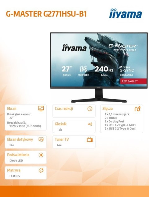 Monitor 27 cali G2771HSU-B1 0.4ms,Fast IPS,1xUSB 3.2, 1xUSB C, 240Hz, DP, 2xHDMI, Adaptive G-SYNC - 1920 x 1080 @48-240Hz  IIYAMA