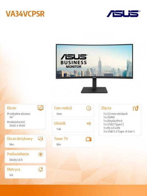 Monitor VA34VCPSR 34 cale WQHD USB-C RJ45 1500R 21:9 Asus