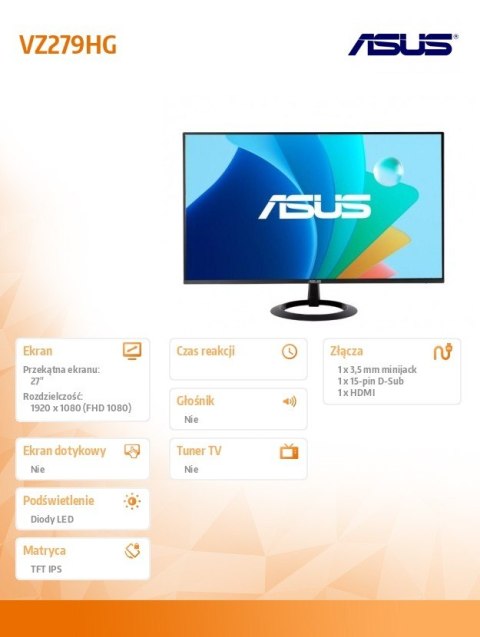 Monitor 27 cali VZ279HG IPS 120Hz HDMI VGA Asus