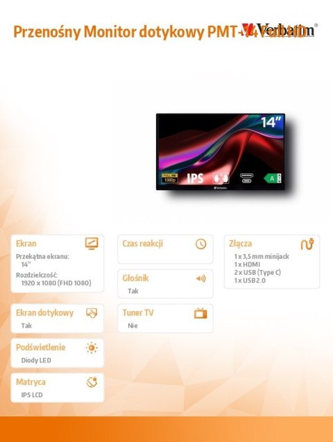 Przenośny Monitor dotykowy PMT-14 Full HD Verbatim