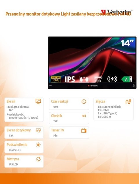 Przenośny monitor dotykowy Light zasilany bezprzewodowo Full HD Verbatim